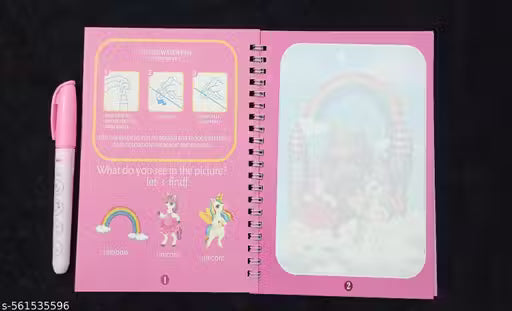Pink activity book with unicorn and rainbow illustrations and a pink pen on a black background